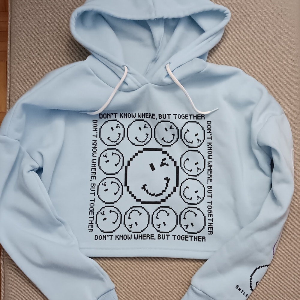 Light Blue Smiley Face Graphic Hoodie